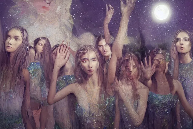 Image similar to 3 d, close - up, group of fashion models standing in a night lake with their hands raised to the bright moon, moon ryas, intricate oil painting, high detail, figurative art, multiple exposure, poster art, 3 d, by tooth wu and wlop and beeple