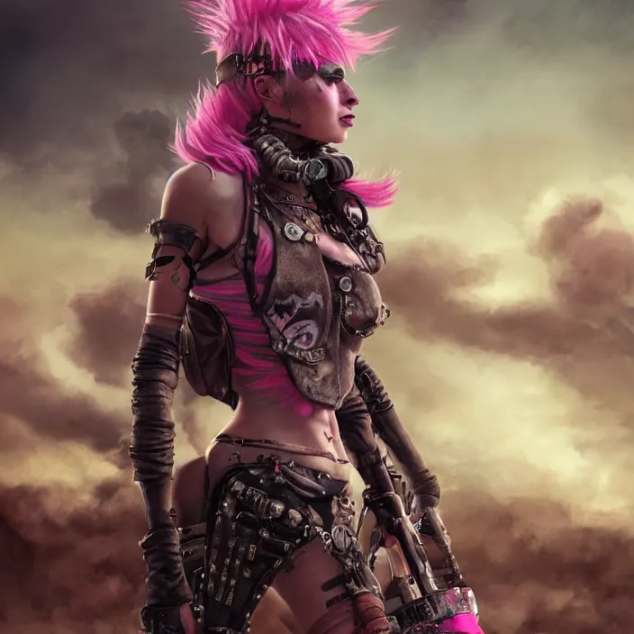 Prompt: beautiful apocalyptic woman with pink Mohawk, standing on mad max panzer tank, 4k ultra hd, fantasy dark art, tank girl, artstation, octane render, elegant, detailed digital painting