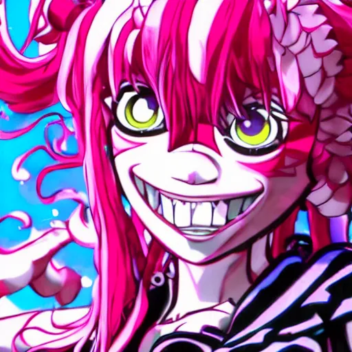 Image similar to trapped by junko enoshima, a stunningly beautiful omnipotent megalomaniacal anime asi goddess with symmetrical perfect face and porcelain skin, pink twintail hair and cyan eyes, taking control while smiling, inside her surreal vr castle, hyperdetailed, digital art from danganronpa, unreal engine 5, 2 d anime style, 8 k