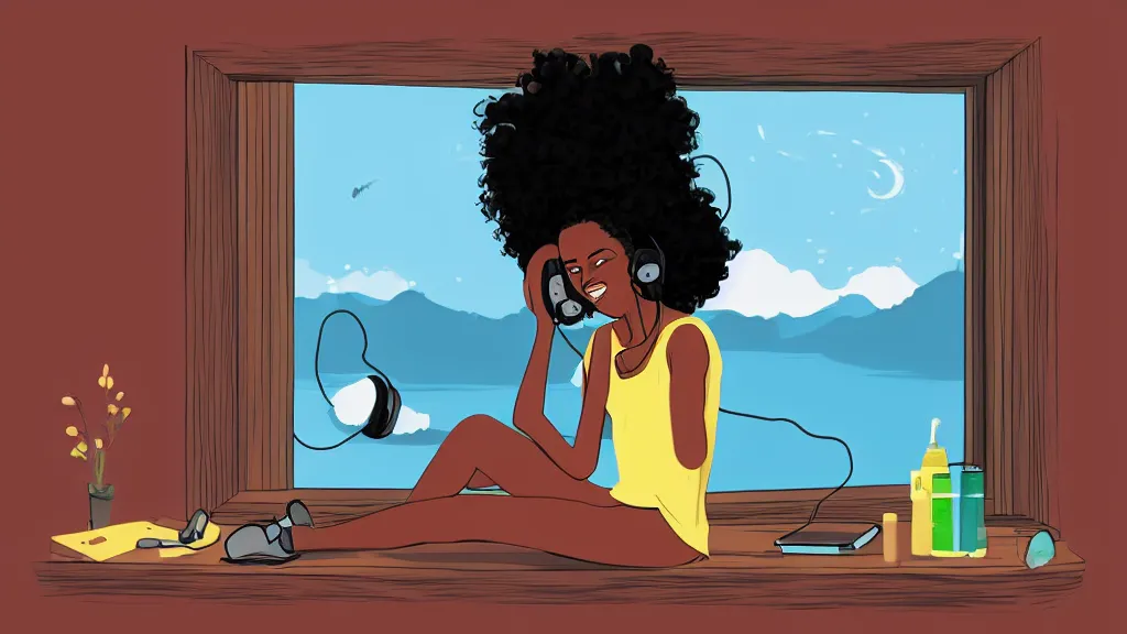 Image similar to black girl, curly hair, with headphones, studying in bedroom, window with rio de janeiro view, lo-fi illustration style, digital art, alive colors