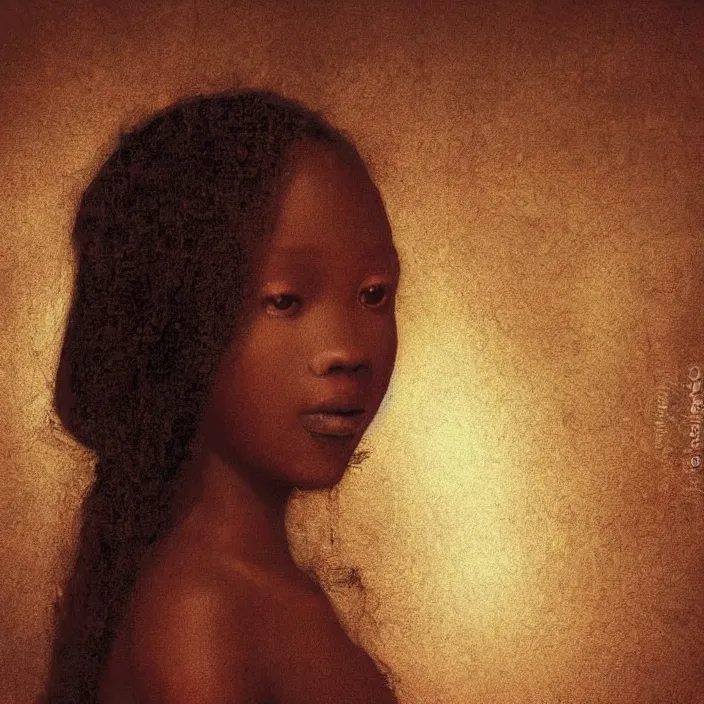 Image similar to a painting of a African girl by Leonardo da Vinci . dramatic angle, ethereal lights, details, smooth, sharp focus, illustration, realistic, cinematic, artstation, award winning, rgb , unreal engine, octane render, cinematic light, macro, depth of field, blur, red light and clouds from the back, highly detailed epic cinematic concept art CG render made in Maya, Blender and Photoshop, octane render, excellent composition, dynamic dramatic cinematic lighting, aesthetic, very inspirational, arthouse.