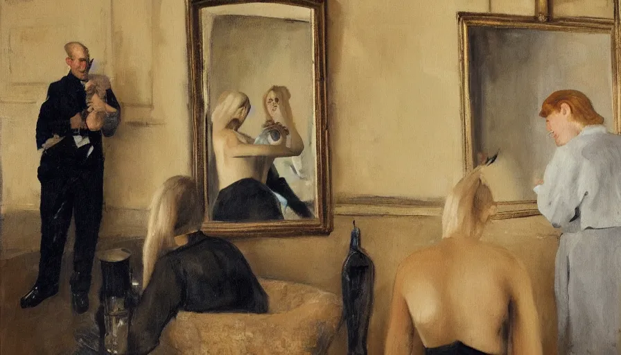 Image similar to painting by borremans, man back standing in front on the mirror in opera theatre and blond hairs woman with fish tank, detailed, stunning