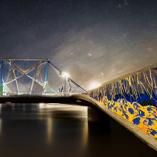 Prompt: The street art shows a group of flying islands, each with its own unique landscape, floating in the night sky. The islands are connected by a network of bridges, and a small group of people can be seen walking along one of the bridges. 4k resolution by Olivier Valsecchi insane