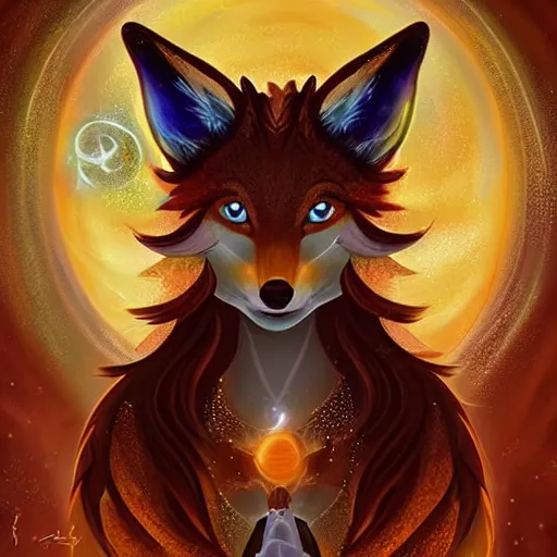 Image similar to a painted avatar portrait of an awesome cosmic powerful humanoid kitsune fox mage themed around life and death and the stars and the cosmos, in the style of dnd beyond avatar portraits, beautiful, artistic, elegant, lens flare, magical, lens flare, nature, realism, stylized, art by jeff easley