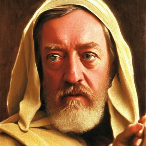 Image similar to Painting of Sir Alec Guinness as Obi-Wan Kenobi. Art by william adolphe bouguereau. During golden hour. Extremely detailed. Beautiful. 4K. Award winning.