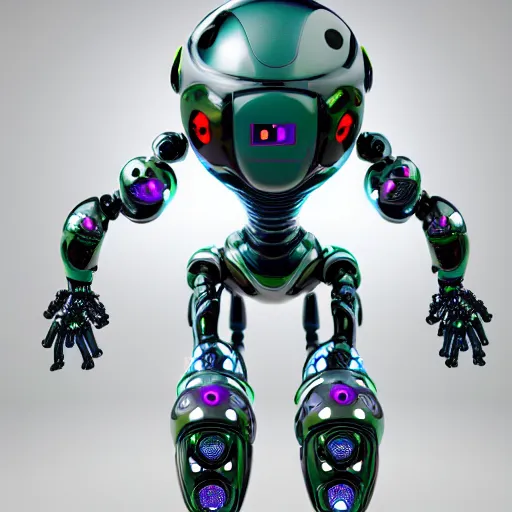 Image similar to illustration of a plastic robot chameleon designed by Luigi Colani, smooth curvature design, ultra detailed, highly capsuled, detailed full body concept art, digital art, detailed intricate elegant, octane render, futuristic, led lights, 8k