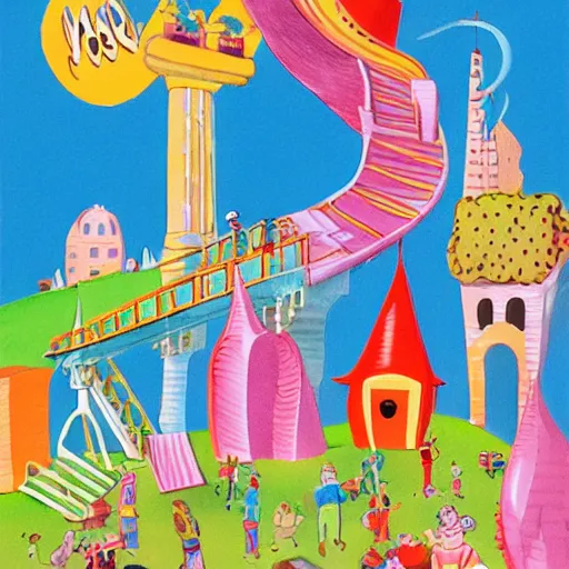 Image similar to fanciful city filled with curvy buildings, colorful kids book illustration by dr seuss, platforms, towers, bridges, stairs