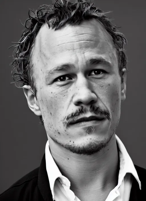 Image similar to DSLR photo portrait still of 43 year old age 43 Heath Ledger at age 43!!!, 85mm f1.8