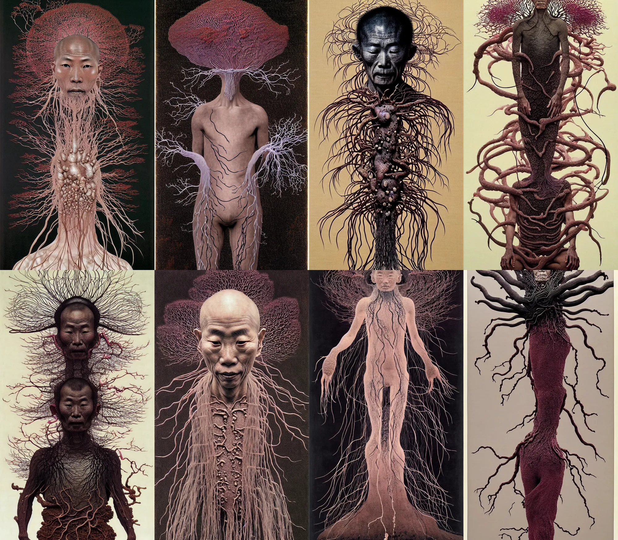 Image similar to ancient japanese monk, by kiki smith, by zdzisław beksinski, by wangechi mutu, full body, zoomed out, mycelium, mycena acicula, tremella - fuciformis, insanely detailed and intricate, hypermaximalist, elegant, ornate, hyper realistic