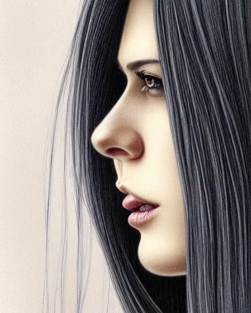 Prompt: ' daydreaming woman with long straight silky hair ', closeup shot of face, beautiful shadowing, soft shadowing, reflective surfaces, illustrated completely, 8 k beautifully detailed pencil illustration, extremely hyper - detailed pencil illustration, intricate, epic composition, masterpiece, bold complimentary colors. stunning masterfully illustrated by artgerm, range murata, alphonse mucha, katsuhiro otomo.