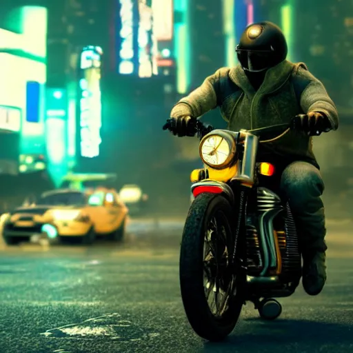 Image similar to minion riding a motorbike in a neotokyo street, cyberpunk, movie still, 4 k