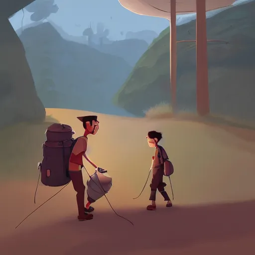 Prompt: goro fujita ilustration hiker unloading the car before camping, characterized by roman shipunov, etienne hebinger, atey ghailan, cgsociety, cynical realism, fantasy art, 2 d game art