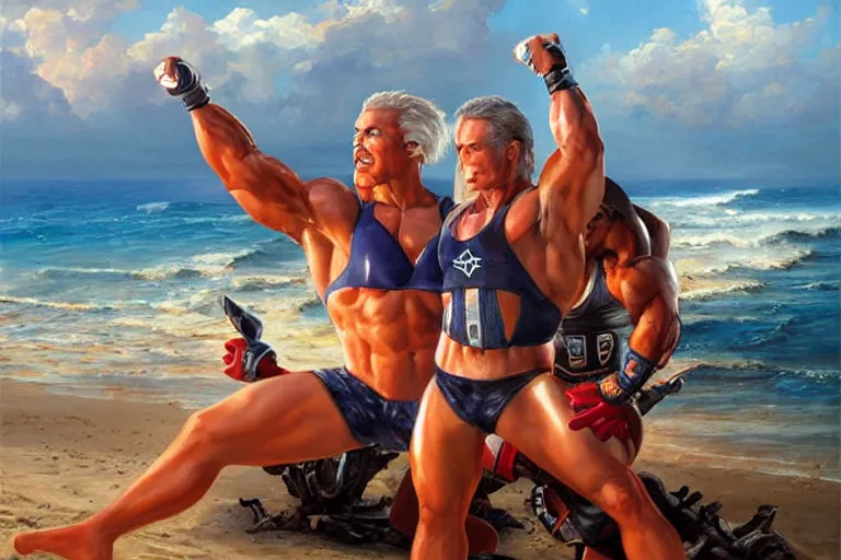 Image similar to portrait of american gladiators malibu and nitro on the beach, an oil painting by ross tran and thomas kincade