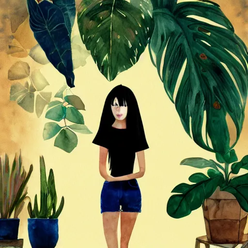 Image similar to a room full of beautiful house plants and a pretty woman with pale skin, long black hair with bangs, wearing shorts and t shirt, abstract, golden light, beautiful watercolor art trending on artstation