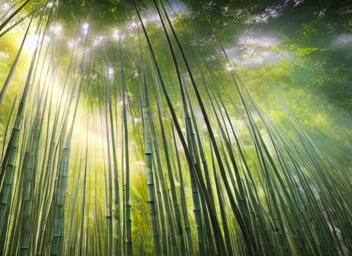 Image similar to beautiful japanese bamboo forest, sunny, extreme detail, cartoony, sketched, mid day, realistic lighting, light rays, by studio ghibli, trending on artstation, 4 k, hd