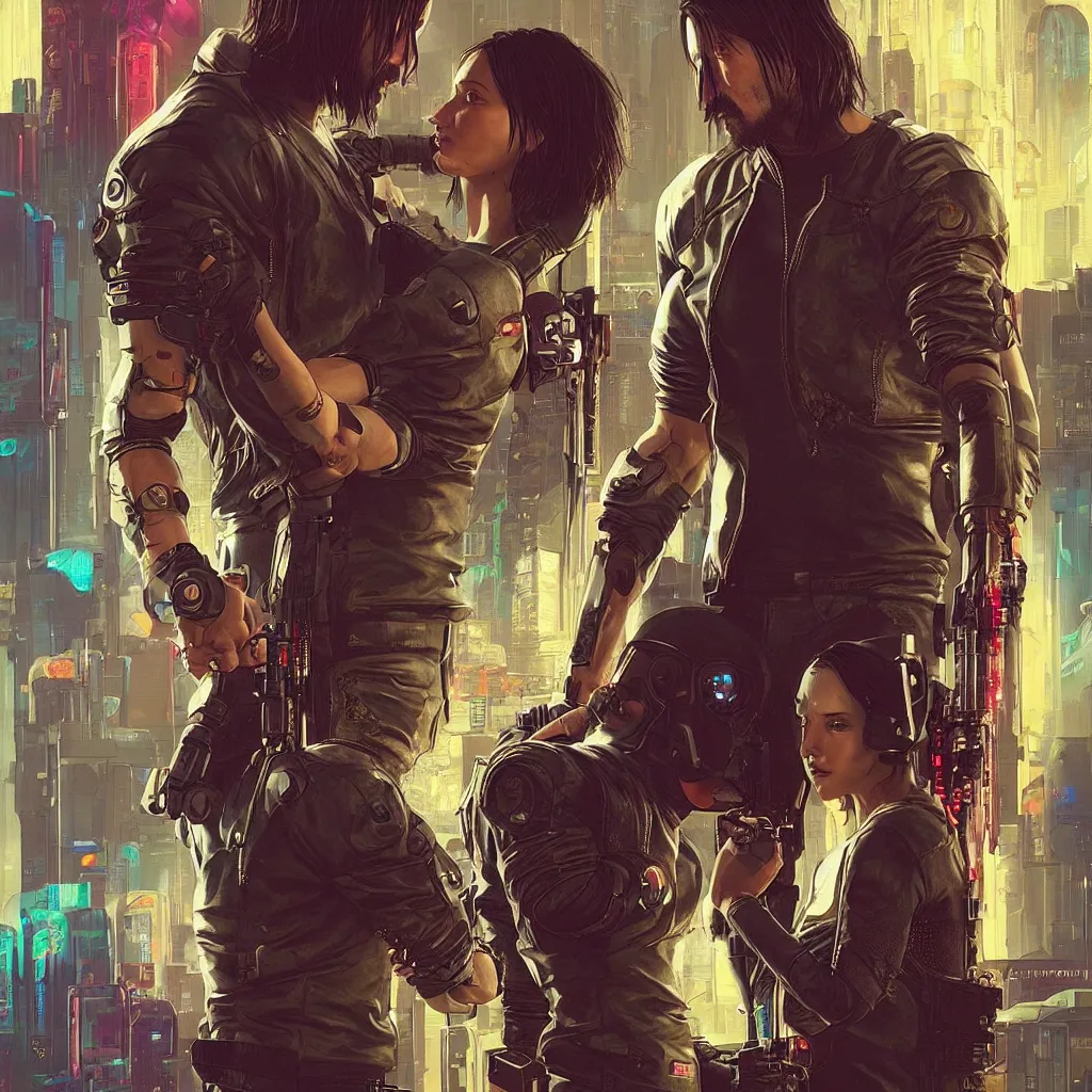 Image similar to a cyberpunk 2077 instagram couple portrait of a Keanu Reeves and a female android final kiss,love,film lighting,by Laurie Greasley,Lawrence Alma-Tadema,Dan Mumford,John Wick,Speed,Replicas,artstation,deviantart,FAN ART,full of color,Digital painting,face enhance,highly detailed,8K,octane,golden ratio,cinematic lighting