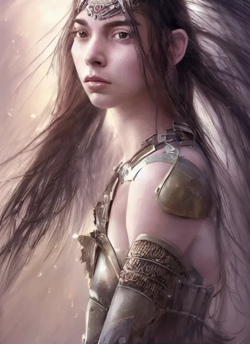 Prompt: photorealistic portrait of a beautiful young female warrior, clothed in ethereal armor, olive skin, long dark hair, beautiful bone structure, symmetrical facial features, intricate, elegant, digital painting, concept art, smooth, sharp focus, finely detailed, illustration, from Valerian and the City of a Thousand Planets, by Ruan Jia and Mandy Jurgens and Artgerm and William-Adolphe Bouguerea