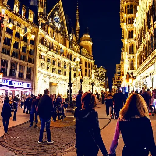 Prompt: glowing diverse groups of humans city nights, from behind, wide angle, elaborate, highly detailed, beautiful lighting