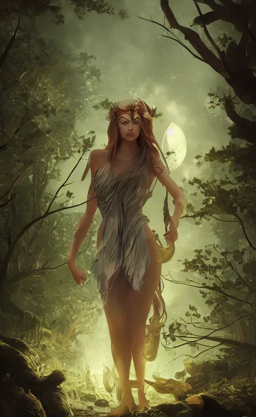 Prompt: Greek Goddess Artemis in moonlit forest with animals, medium shot portrait by loish and WLOP, octane render, dynamic lighting, asymmetrical portrait, dark fantasy, trending on ArtStation