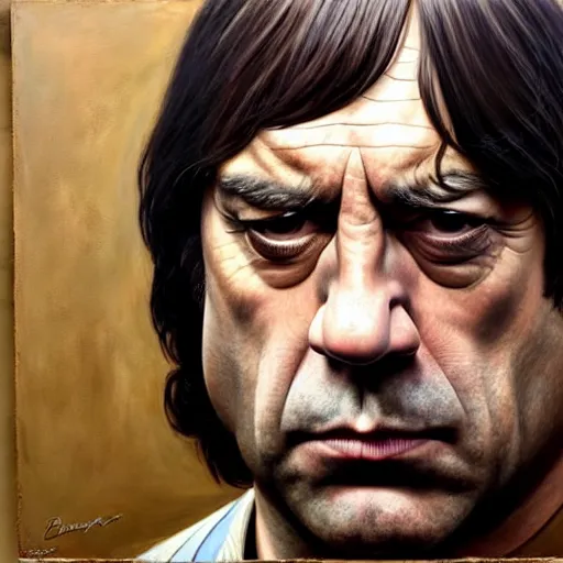 Prompt: javier bardem as anton chigurh in no country for old men. neutral menacing stare. oil painting by lucian freud. path traced, highly detailed, high quality, j. c. leyendecker, drew struzan tomasz alen kopera, peter mohrbacher, donato giancola