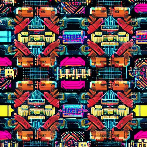 Prompt: an hyper-detailed cyberpunk pattern for background retro gaming theme, japan, 1980s, centered, colorful