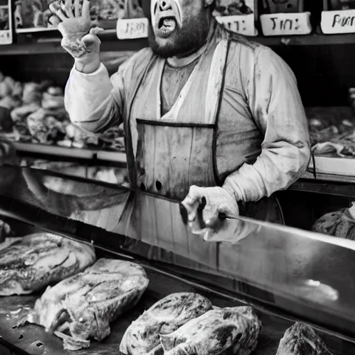 Prompt: big butcher man posing scarily, earie setting, in a butcher shop, horror, hyperdetailed