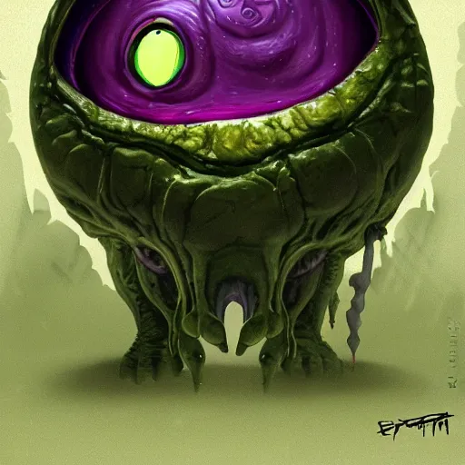 Image similar to a big one - eyed bumpy wrinkly ball sphere green pea creature, with a purple mouth, sharp molars, bones as arms and a single yellow eye of sauron, lovecraft, trending on artstation, 4 k, video game art, oil painting