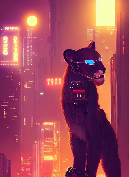 Image similar to beautiful portrait commission of a female furry anthro mountain lion wearing a bullet proof vest and cargo pants. Cyberpunk city at night in the rain. Neon light. Atmospheric. Character design by charlie bowater, ross tran, artgerm, and makoto shinkai, detailed, inked, western comic book art