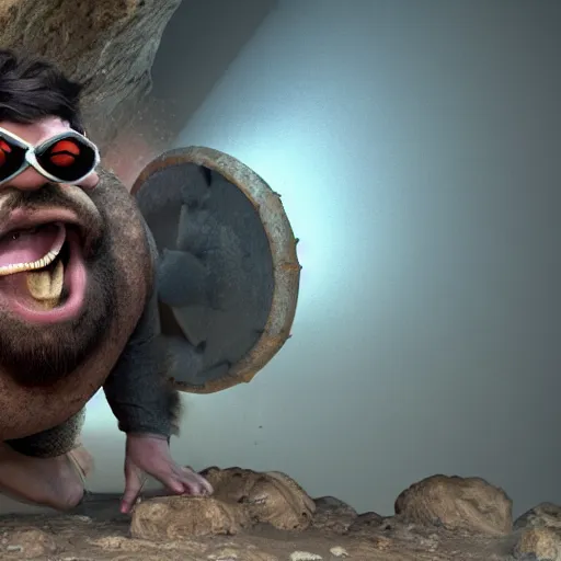 Image similar to highly detailed octane render of a short fat ugly man with a giant beard wearing goggles and armour and screaming and running in a cave whilst being chased by large insects