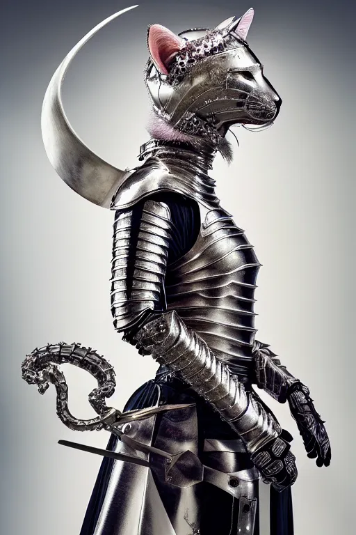 Image similar to female knight wearing a real cat on her head, armor designed by wayne barlowe, swarovski and tiffany, blonde hair, symmetry, sci - fi, cinematic, elegant, luxury, perfect light, perfect composition, dlsr photography, sharp focus, dark fantasy, 4 k, ultra hd, sense of awe, highly detailed, realistic, intricate