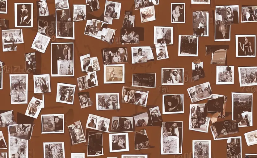 Prompt: story book illustration of a wall with family pictures, brown colors