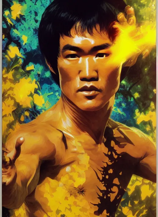 Prompt: bruce lee, yellow, spike aura in motion, floating pieces, painted art by tsuyoshi nagano, greg rutkowski, artgerm, alphonse mucha, spike painting