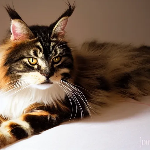 Image similar to very cute huge giant large calico main coon taking up entire bed, stunning eyes, portrait, pixar style, cinematic lighting, award winning creature portrait photography