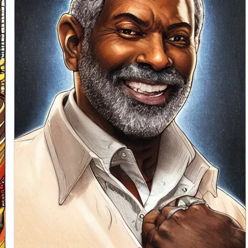 Prompt: portrait of a treasure hunter, dark skinned, grizzled man smiling brightly, in his 5 0 s with dark hair and sharp cheekbones, dressed in expensive clothes, detailed face, smooth, sharp focus, graphic novel, art by artgerm and greg rutkowski and pepe larraz,