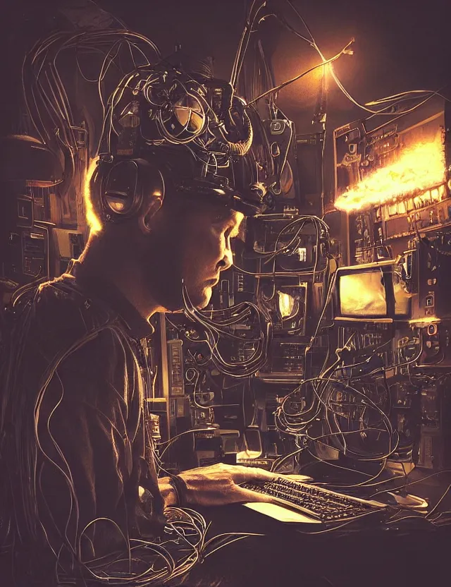 Image similar to “Artstation. A room full of electronic steampunk equipment with wires and tv screens and audio meters and voltage meters. A bright explosion and fire and smoke is coming out of a computer monitor. Close-up of a Man sitting at the keyboard. Dark, intricate, highly detailed, smooth, in style of Mike Savad”