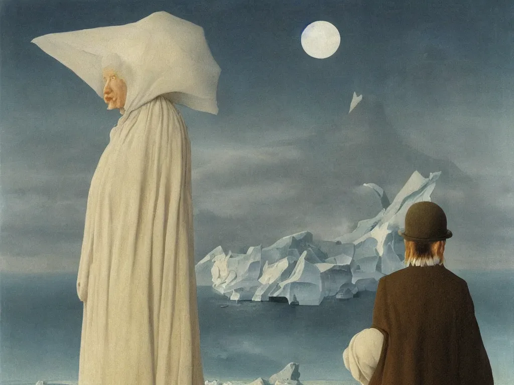 Prompt: albino mystic, with his back turned, looking at a snowstorm over the iceberg in the distance. Painting by Jan van Eyck, Audubon, Rene Magritte, Agnes Pelton, Max Ernst, Walton Ford