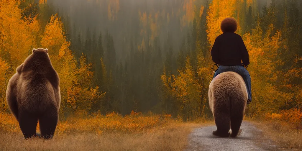 Image similar to back of bob ross riding on the back of brown bear in alaska at fall season, outdoor lighting, realistic, photo, national geographic photo, volumetric, fog