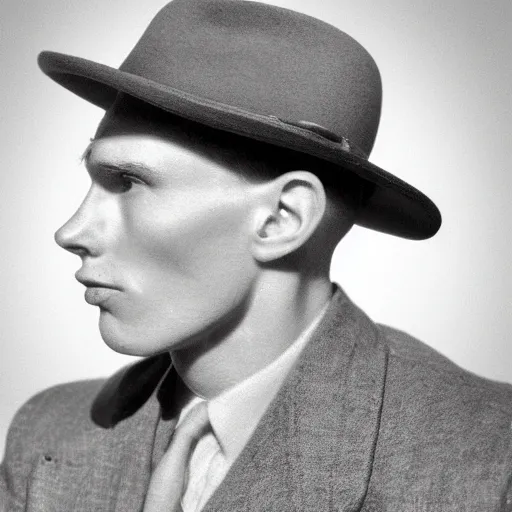 Image similar to A photograph portrait of Jerma985 wearing a suit with and fedora in the 1940s, taken in the early 1940s, grainy, taken on a 940s Kodak Camera, realistic, hyperrealistic, very realistic, highly detailed, very detailed, extremely detailed, detailed, digital art, trending on artstation