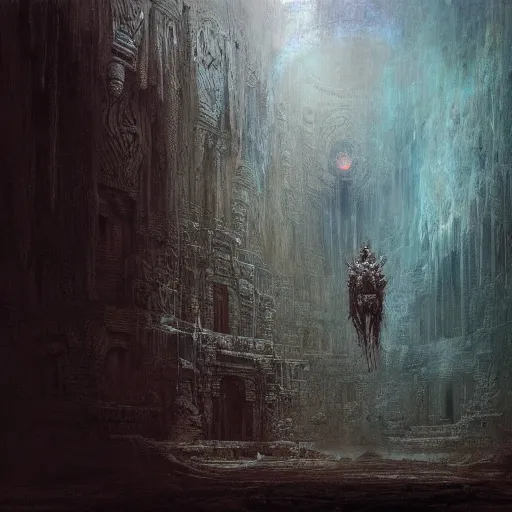 Image similar to lost and alone in a vast underground ancient stone temple by gustave dore and gustave moreau and beksinski and giger and craig mullins and jeremy _ mann