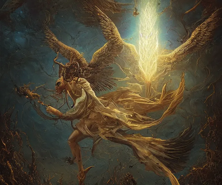 Image similar to a beautiful tarot card artwork of a fallen seraphim, horror, backlit, gloomy sky, highly detailed, digital painting, intricate golden threads, by greg rutkowski and peter mohrbacher and dan mumford and artgerm, vivid colors, detailed shading, 8 k resolution, intricate, smooth