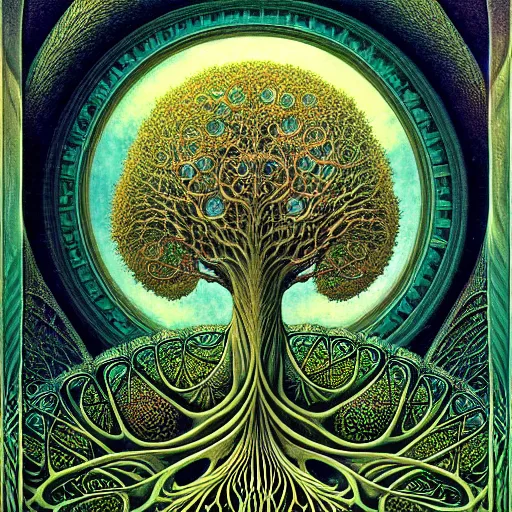 Image similar to tree of life by roger dean and andrew ferez, art forms of nature by ernst haeckel, divine chaos engine, symbolist, visionary, art nouveau, botanical fractal structures, organic, detailed, realistic, surreality