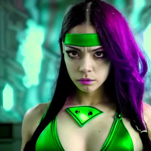 Image similar to cinematic scene with olivia rodrigo as jolyne from jojo's bizarre adventure, live action film, stone ocean, dramatic, small details, volumetric lighting, still frame