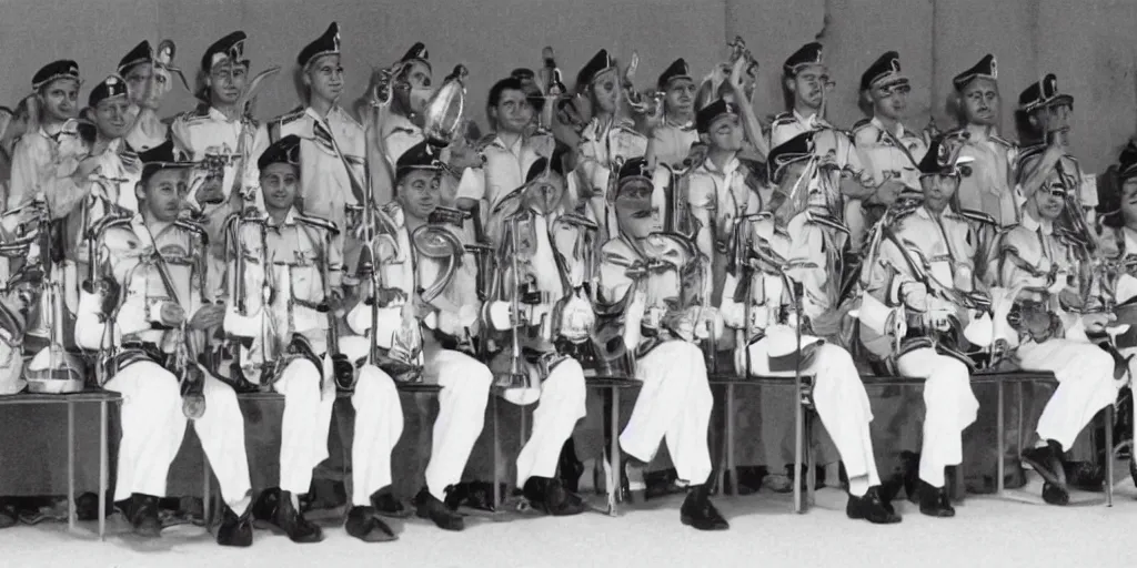 Image similar to saudi military band in 1950s, old photograph