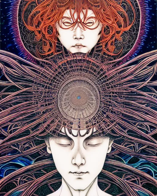 Image similar to human spirit breaking away from the body, conjuring psychedelic background, part by takato yamamoto, part by alex gray, ross tran, james jean, ultra realistic, highly detailed, 8 k, trending on artstation, cosmic, symmetry, masterpiece