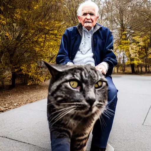 Image similar to portrait of an elderly man riding a cat, canon eos r 3, f / 1. 4, iso 2 0 0, 1 / 1 6 0 s, 8 k, raw, unedited, symmetrical balance, wide angle