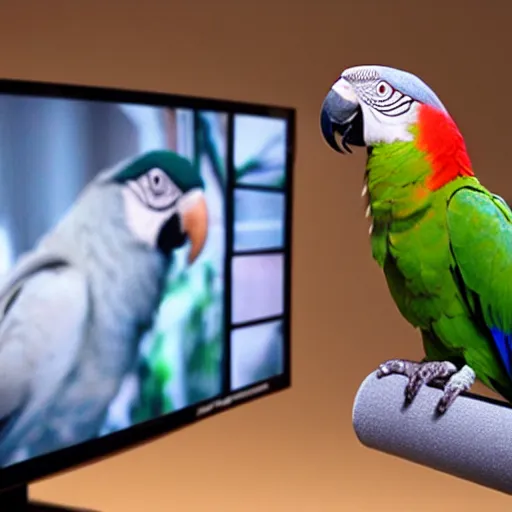 Image similar to a parrot giving a news cast on tv