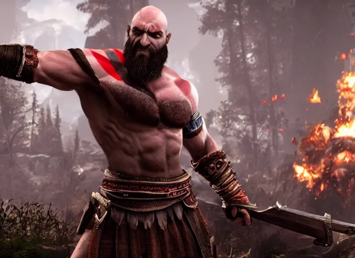 Prompt: in game screenshot of kratos holding up a laptop computer in victory from the new god of war game, 4 k
