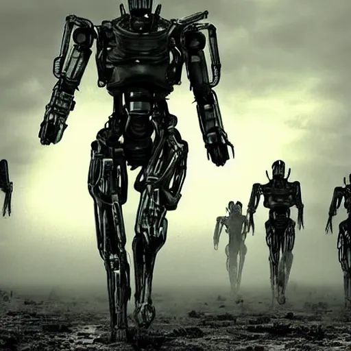 Prompt: an army of androids running towards the last human sanctuary on earth, apocalyptic, highly detailed, grungy, end of days, photorealistic, battle nots, the end
