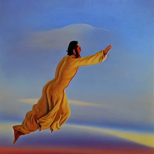 Prompt: A Sufi dancing above the clouds at golden hour, oil painting by Salvador Dali