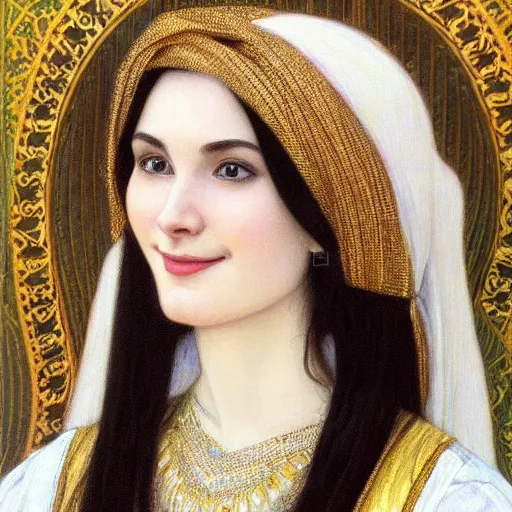 Prompt: Portrait of a beautiful, pale skin, female with long black hair, dark brown eyes, smiling, elegant saudi traditional clothing, photorealistic, highly detailed oil painting, artstation, smooth, sharp focus, art by Klimt, artgerm, Greg Rutkowski and Alphonse Mucha, natural light, Adobe Lightroom, photolab, Affinity Photo, PhotoDirector 365, artstation